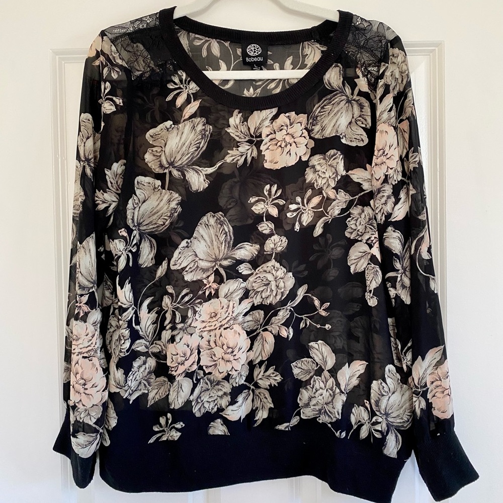 Bobeau Sheer Floral Pullover Top